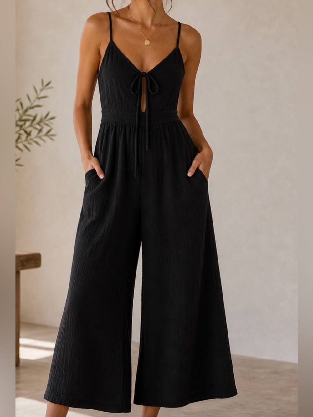 Suboo black wide leg cropped cut out tie resortwear jumpsuit US SZ 4